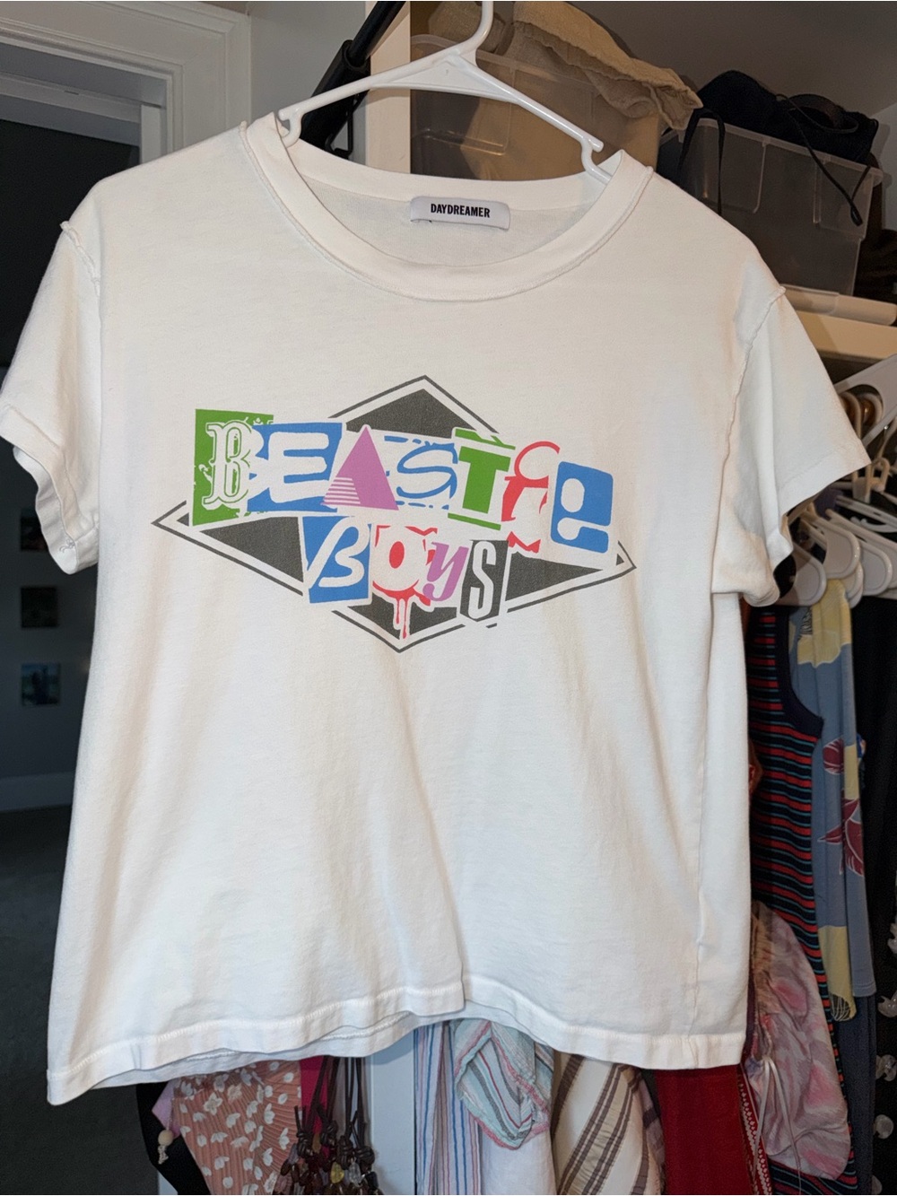 Daydreamer White Tee with Multicolor 'Beastie Boys' Graphic
